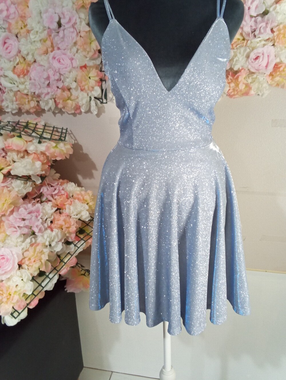 Windsor Silver Glitter V-Neck Mini Skater Dress